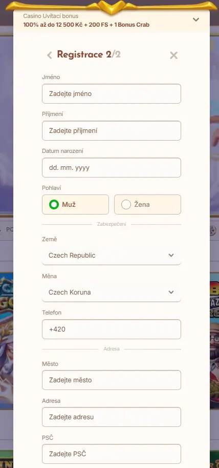Poslední okno pro vyplnění údajů při registraci v BetHall Casino