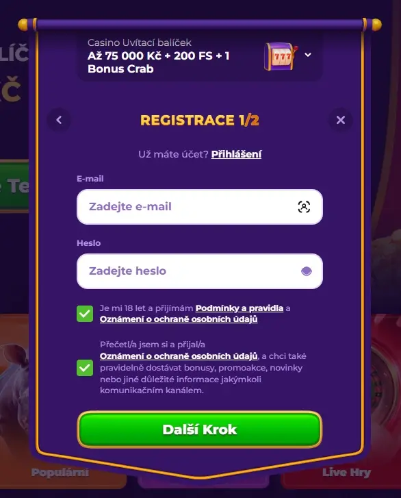 Royal Game Casino registrační okno
